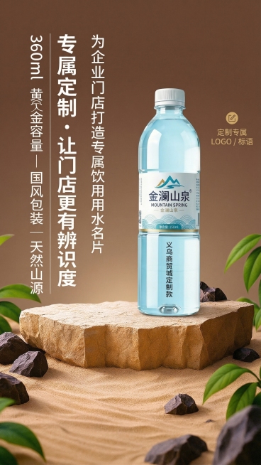 将图1中的矿泉水瓶替换为图2的金澜山泉瓶型，保留瓶身“义乌商贸城定制款”标识，背景替换为图3的砂石石台自然场景，原有左侧竖排文字、右侧金色“定制专属LOGO/标语”标识全部保留，保持排版和新中式风格，预览效果