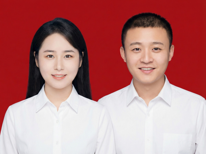 把两张图片合成一张结婚登记照，女生在左男生在右，要求画面清晰、正式 。 女性留着黑色长发，妆容精致，穿着白色衬衣；男性五官端正表情自然，穿着白色衬衫 。背景为红色。预览效果