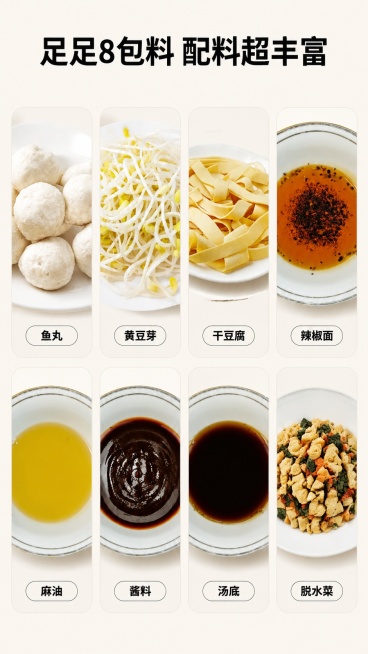 [第4屏] 丰富配料展示-牧小远东北过桥米线8种配料全家福。本屏使用【图4】【图5】【图6】【图7】【图8】【图9】【图10】【图11】分别展示8种配料。
[氛围/风格] 干净清新食材展示风，真实原料预览效果