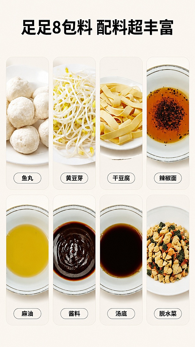 [第4屏] 丰富配料展示-牧小远东北过桥米线8种配料全家福。本屏使用【图4】【图5】【图6】【图7】【图8】【图9】【图10】【图11】分别展示8种配料。
[氛围/风格] 干净清新食材展示风，真实原料实拍，突出真材实料。
[元素布局] 画面分2行4宫格排列8种配料，每个配料占一格，每格内配料置于中心，下方标注配料名称；每种配料外观与对应输入产品图一致。
[光影质感] 均匀柔光，每种配料清晰明亮，质感真实。
[配色色系] 全局底色 #FAF6F0；保持食材本身色彩，文字黑色。
[视角构图] 俯视宫格排版，从左上到右下依次浏览，节奏清晰。
[文字版式] 顶部大标题「足足8包料 配料超丰富」，每个宫格下方标注对应配料名称：鱼丸、黄豆芽、干豆腐、辣椒面、麻油、酱料、汤底、脱水菜，圆角小字体，清晰不遮挡食材。
[比例分辨率] 9:16 竖版比例，4K分辨率，文字清晰可辨，高清画质。
[负向提示词] 配料变形，位置错乱，文字遮挡，颜色偏差，水印