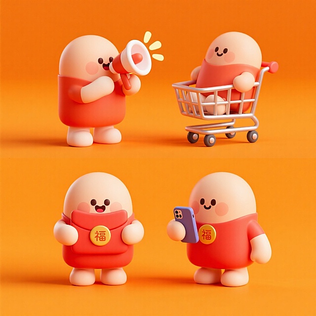 4个同角色不同动作的拟人化的红包小人：1、拿着喇叭，2、坐在购物车里，3、拿着红包，4、拿着手机。橙色背景，上下两行，排列整齐
