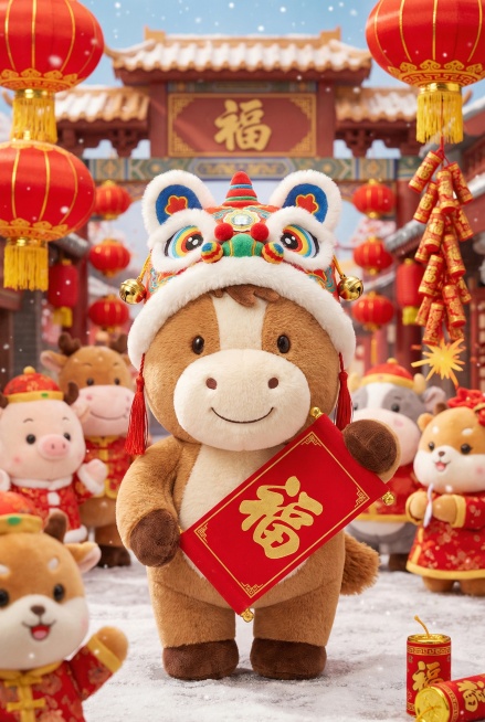 毛绒风格，IP设计，可爱风格，拟人化，生肖马，戴着醒狮帽子，手中拿着春联，春联写着“福”预览效果