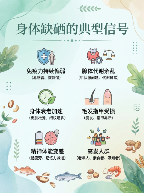 重新设计一张更美观精致的公众号科普贴图，标题为"身体缺硒的典型信号"，包含内容：▪免疫力持续偏弱 ▪身体衰老加速 ▪精神体能变差 ▪腺体代谢紊乱 ▪毛发指甲受损 ▪高发人群。要求简约高级的现代设计风格预览效果