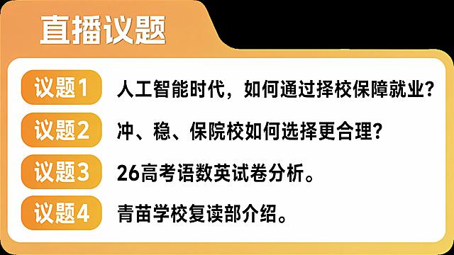 参考原图的橙黄色圆角卡片版式，制作一张直播话题介绍图，顶部标题改为"直播议题"，保留四个议题，分别是：1.人工智能时代，如何通过择校保障就业? 2.冲、稳、保院校如何选择更合理? 3、26高考语数英试卷分析。4、青苗学校复读部介绍。保持每个议题使用橙色圆角标签加文字的排版，整体风格和原图一致，清晰醒目，适合直播间展示，所有文字清晰可读，4K分辨率