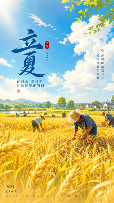 立夏节气，田野里金黄色麦子在微风中轻轻摇曳，农民们忙碌劳作，天空湛蓝白云朵朵，阳光明媚，画面以黄色和蓝色为主色调，展现立夏丰收景象和活力预览效果