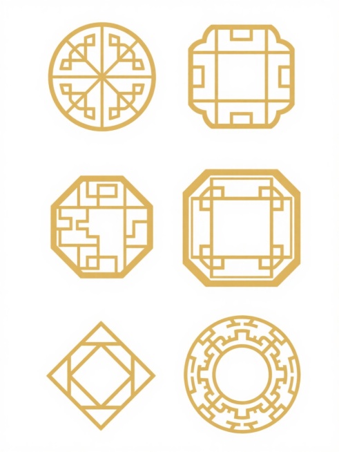 六个中国传统镂空窗棂图案，两排三列整齐排列，均为金色线条构成，上排从左到右依次为圆形十字花格窗、圆形回纹边框窗，中排从左到右依次为八边形拐子纹窗、八边形方形套框窗，下排从左到右依次为圆形菱形套框窗、圆形复杂回纹窗，所有窗棂图案置于纯白色背景上，线条平滑清晰，具有简洁的矢量图形风格，传统中式装饰元素，对称构图，金色与白色对比鲜明，呈现出典雅古朴的视觉效果。预览效果