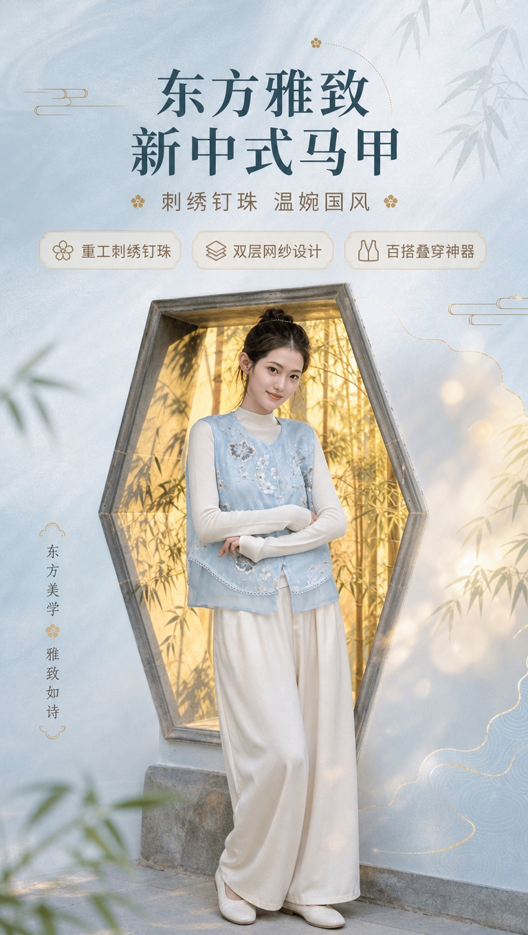 [商品] 使用【图1】模特穿着的浅蓝色新中式刺绣马甲；保留圆领… - 图片创意预览