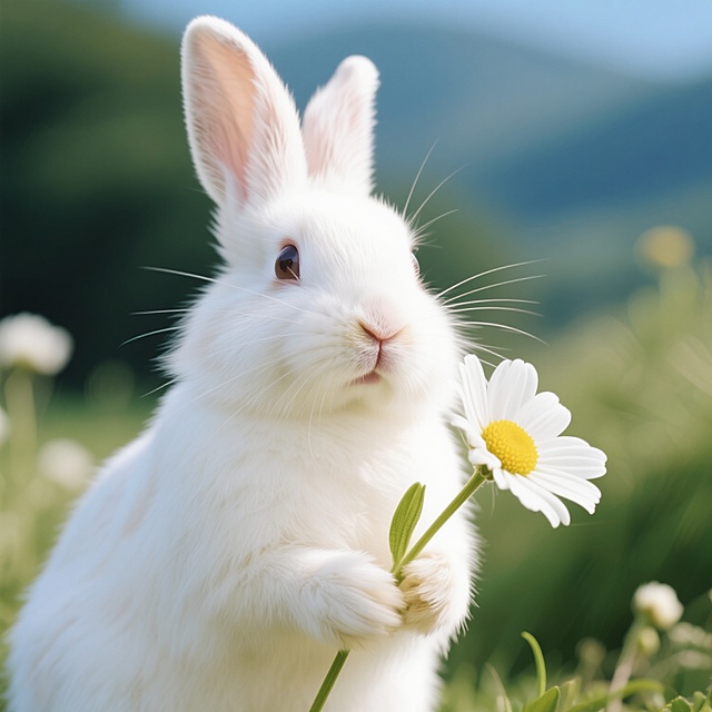 清新水彩风插画，可爱小白兔手捧雏菊，柔和色调营造春日温馨氛围。