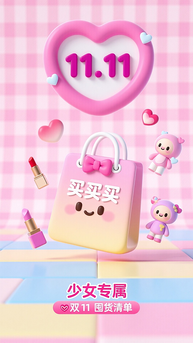 软3D风格，粉色格纹背景搭配拟人化购物袋与卡通小人，甜蜜可爱，充满少女心，营造双11购物狂欢氛围。