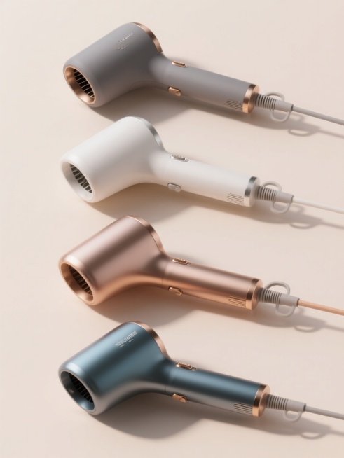 一组4个不同配色、不同样式、不同材质的吹风机造型，符合现实逻辑，浅色背景，上下两行对齐排列，每个吹风机都展现出简约现代的设计风格，具有光滑的曲面和金属质感的细节，高光和阴影处理细腻，呈现出高品质的3D渲染效果，整体构图平衡，视觉层次清晰，色彩搭配和谐且富有变化，材质表现真实，包括磨砂质感、金属光泽和渐变色彩等多种表面处理效果预览效果