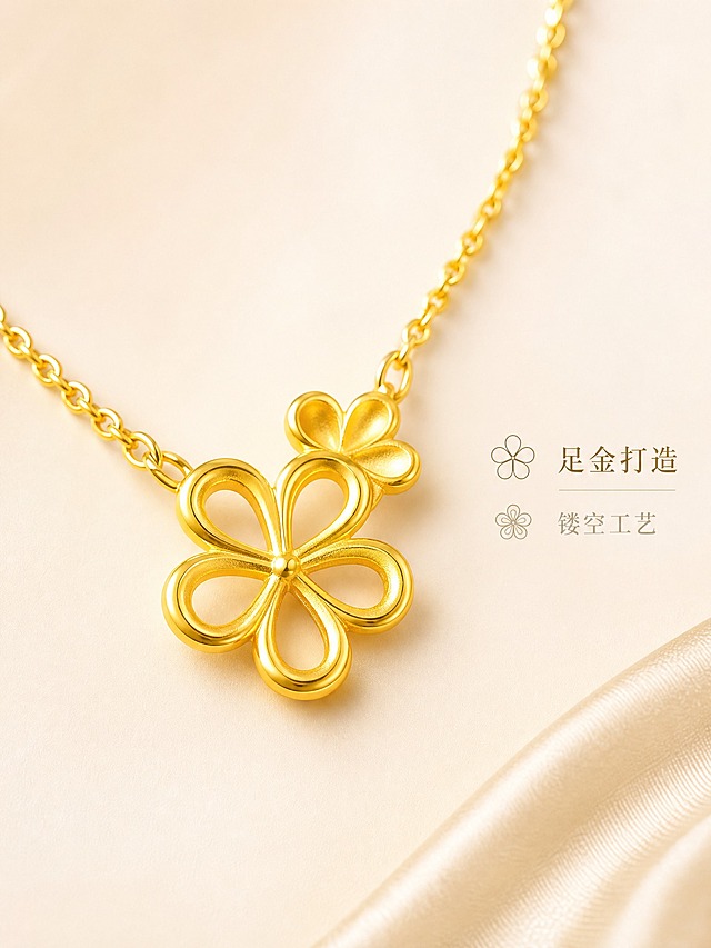 [主图-2] 黄金套链 花朵吊坠项链 核心亮点 材质与工艺展示。
[统一基调] 精致高级珠宝商业摄影风格，整体柔光质感，背景为奶油白渐变搭配浅香槟金柔光，色调温暖纯净；字体选用纤细优雅的文艺衬线体，主标题字色为深香槟金，辅助字色为暖灰色，整体克制高级，无多余装饰。
[画面] 黄金套链（花朵吊坠项链）以微距特写视角展示，吊坠花朵部分占据画面主体约70%，位于画面中心偏上；清晰展现双花朵镂空工艺，花瓣边缘圆润光滑，金属表面细腻的黄金质感，花朵线条流畅自然；项链链身部分从右上延伸至左下，链节细节清晰可见；背景为纯净奶油白渐变，右下角放置浅米色丝绸面料一角作为点缀，增加层次感；画面右侧留白处竖排或横排标注「足金打造」「镂空工艺」两个短句，配极简细线图标。
[光影质感] 微距珠宝摄影布光，多灯位柔光箱均匀打光，花朵镂空处有通透的光影穿透感，金属边缘有细腻高光带，花瓣内侧有自然柔和的阴影过渡，体现立体结构，无死黑或过曝。
[配色] 奶油白背景主色，浅香槟金环境光，深香槟金标题字，暖灰色辅助字，浅米色丝绸点缀，黄金主体保持真实足金色泽。
[文字版式] 画面右侧中部横排两行卖点文字，上行「足金打造」字号稍大，下行「镂空工艺」字号稍小，左侧配极简花朵线条图标；文字整体不超过画面宽度20%，放在负空间不遮挡主体。
[输出要求] 比例3:4，文字清晰可读，产品微距细节清晰，黄金材质真实；负向：变形、错字、模糊、杂乱背景、水印、平台Logo、塑料感高光、划痕指纹、灰尘脏点。