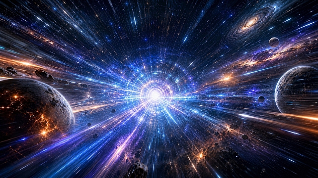 去除画面中的宇宙飞船和所有文字（包括"星际穿梭"、"穿越星河 探索未知宇宙"、"EXPLORE THE UNKNOWN"及右下角圆形标志），保留完整的星际穿梭背景：深邃宇宙深空、超光速光线轨迹、璀璨星河与星云、行星和陨石，蓝紫色与橙金色交织的梦幻色调，强烈的速度感与穿梭感，写实科幻大片风格，光影绚丽，层次丰富，空间纵深感极强，2K超高清画质。