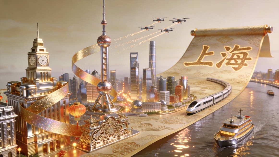 生成上海外滩主题插画，微缩立体场景，现代中式融合美学，一张巨大的织金画卷向远方延伸，画卷上立体的节庆盛景，有C4D珠光金属质感的东方明珠、鎏金金属立体的外滩钟楼、拉丝金属立体的陆家嘴天际线、金属雕花立预览效果