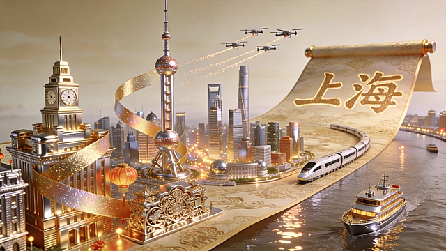 鎏金风与3D微缩艺术结合，展现上海地标在虚拟现实中的奢华未来感，融合中式元素与科技感，梦幻卷轴铺展城市辉煌。