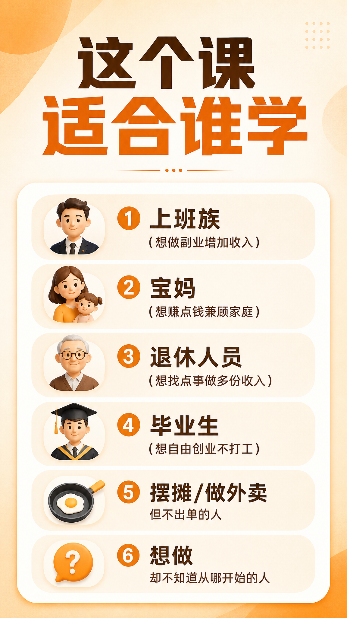 制作一张适合人群图，版式和前面家庭外卖公开课海报一致，暖色调简… - 图片创意预览