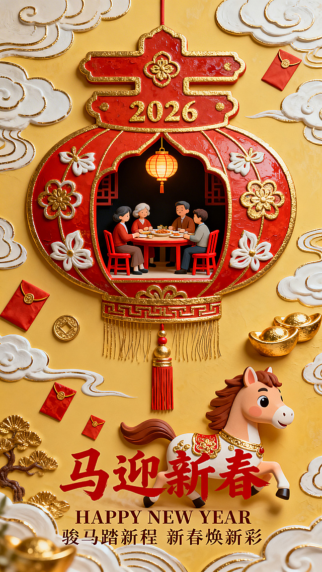 国潮风软3D浮雕设计，融合粘土质感与中式元素，喜庆红金配色，卡通骏马跃动迎春，团圆饭景藏于灯笼，尽显新年祥瑞与温馨。