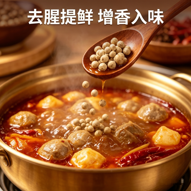 [主图 3] 白胡椒去腥提鲜功能展示。[氛围风格] 食欲氛围感，真实火锅食用场景。[画质] 商业摄影质感、光线柔和通透、产品清晰真实、画面干净高级。[元素] 木勺舀起白胡椒粒，正下入红汤火锅中，白胡椒预览效果
