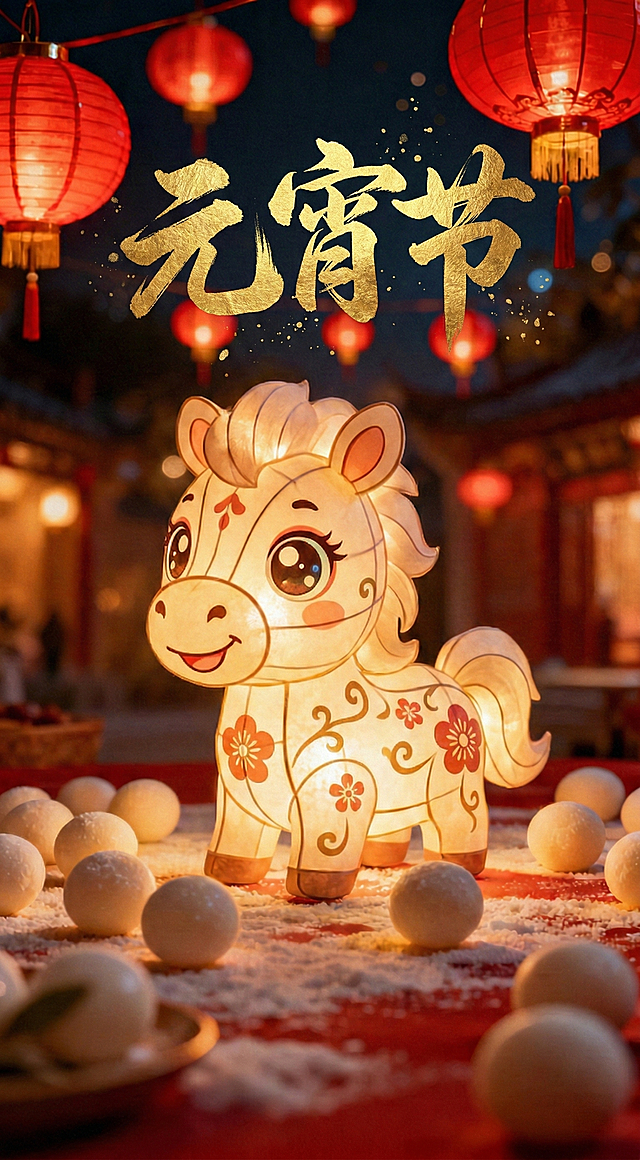 国潮风软3D马形灯笼，融合剪纸纹样与鎏金文字，搭配喜庆红灯与元宵，营造温暖卡通感的元宵节光影氛围。