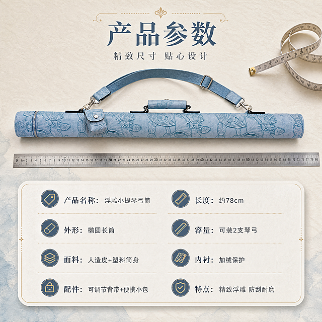 [商品] 使用【图1】【图2】雾霾蓝浮雕小提琴弓筒弓盒；保留产品完整外形、椭圆截面、长度比例、各部件结构与颜色；产品平放在浅色台面上，旁边放一把标准直尺作尺寸参照（示意长度约78cm）。
[画面] 目标：产品尺寸与参数信息页；构图：上方为产品全貌俯视图，占画面40%；下方为参数信息卡区域；场景：浅米色细腻纸张背景，产品下方有柔和投影；旁侧有卷尺与直尺作尺寸示意道具，营造专业感。
[视觉] 套系策略：风格=浅色高端雅致商业摄影；标题字=宋体衬线粗体；正文字=现代无衬线体；主色=雾霾蓝+米白；背景延展=基于米白与浅灰蓝做同色系渐变、细腻纸张/大理石质感；强调色=香槟金，仅用于小面积图标、引线和标签；标题色=深雾霾蓝；正文色=中灰；组件=圆角浅底信息卡、细线引线、优雅装饰线；光影=左前侧柔和自然光，产品底部有自然投影。
[文字] 顶部主标题"产品参数"（4字），副标题"精致尺寸 贴心设计"（一行）；下方圆角信息卡内列参数：产品名称"浮雕小提琴弓筒"、长度"约78cm"、外形"椭圆长筒"、容量"可装2支琴弓"、面料"人造皮+塑料筒身"、内衬"加绒保护"、配件"可调节背带+便携小包"；文字横排，手机端清晰可读。
[规格] 图片比例1:1正方形，4K，负向提示：避免变形、错字、文字过小、参数错误、颜色偏差、白底孤立。