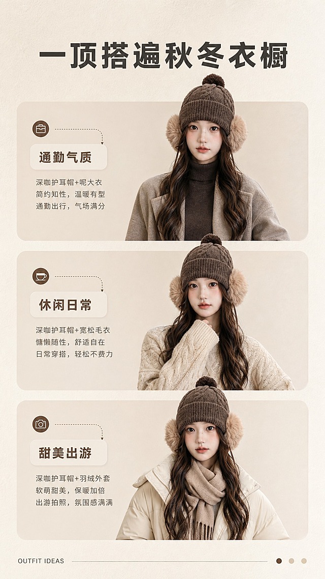 [商品] 使用【图8】深咖色护耳帽佩戴图；保留帽子全部结构、颜色、材质；模特服装可调整为不同秋冬穿搭（大衣/毛衣/卫衣），但帽子保持同款同色；增强针织和毛球质感。
[画面] 目标：搭配灵感页，展示3种秋冬穿搭风格；构图：三栏竖排或上下排列3套穿搭look，每套搭配不同风格的秋冬外套；景别：半身穿搭展示；背景：浅米杏色简约背景，每套配小标签；阅读动线：从上到下逐套浏览。
[视觉] 套系策略：风格=韩系简约暖调商业摄影；标题字=现代无衬线粗体；正文字=简洁无衬线体；主色=燕麦米杏；背景延展=基于米杏色做深浅层级、同色渐变和细腻纸张/织物质感；强调色=深咖棕，仅用于小面积图标、引线和标签；标题色=深炭灰；正文色=中暖灰；组件=圆角浅底信息卡、细线引线；光影=正面暖柔光，自然阴影。
[文字] 顶部主标题"一顶搭遍秋冬衣橱"；每套下方配风格标签：「通勤气质」「休闲日常」「甜美出游」；左下角小号英文"OUTFIT IDEAS"；全部文字横向排版。
[规格] 图片比例9:16竖版，分辨率4K，质量medium；避免变形、错字、文字过小、冷蓝背景、帽子款式改变、颜色偏差。