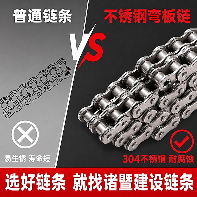 生成电商主图。将背景替换为左右分屏（左浅灰右深灰）。左侧「普通链条」区域放简单链条示意配叉号，右侧「不锈钢弯板链条」区域放大展示带弯板附件的多排不锈钢链条（保持原图外观完全一致）占右侧约70%配对勾。中间VS分隔线。顶部左侧白字「普通链条」右侧红字「不锈钢弯板链」。底部左侧白字小字「易生锈 寿命短」右侧红字小字「304不锈钢 耐腐蚀」。底部红色通栏白字「选好链条 就找诸暨建设链条」。对比式构图，1:1正方形，清晰醒目，无水印。