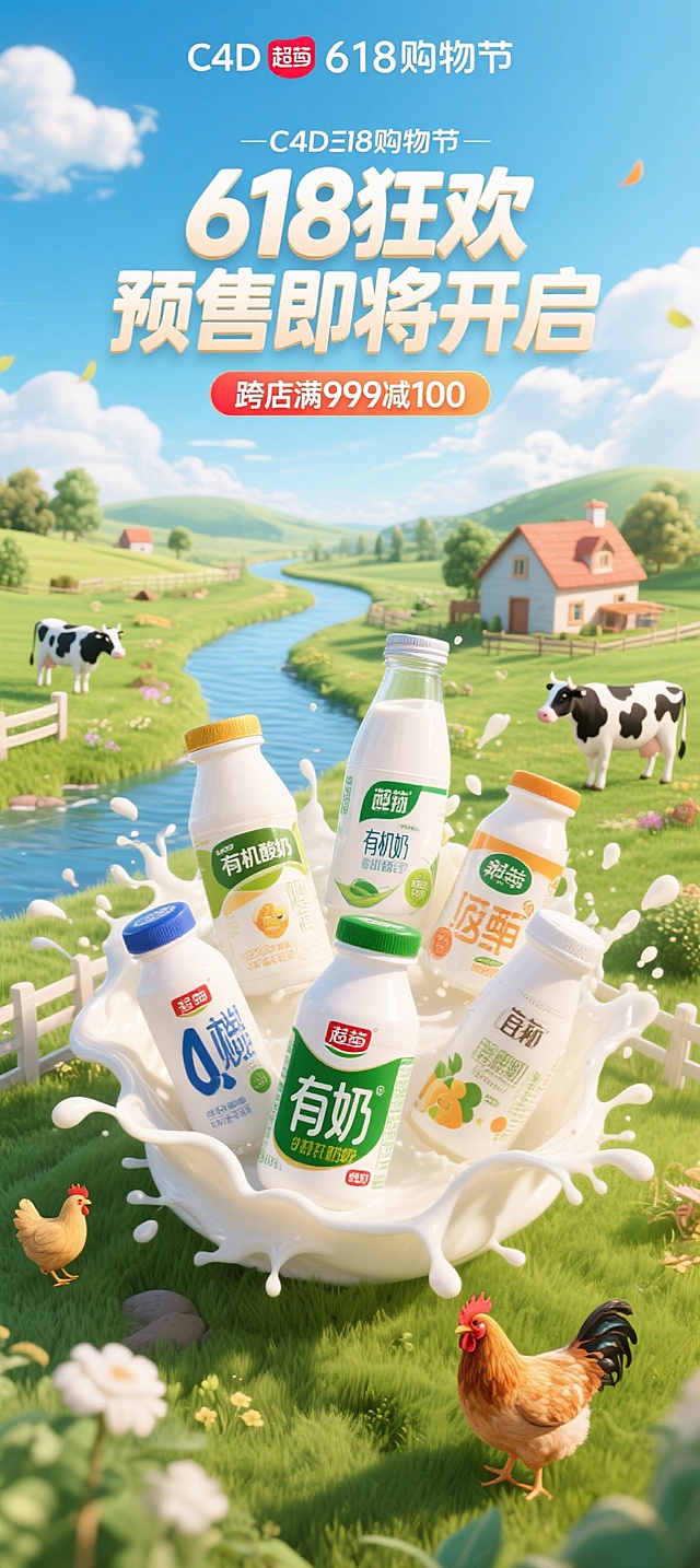 清新卡通3D风，轻拟物设计，展现618购物节牛奶产品，田园风光背景，生动活泼。