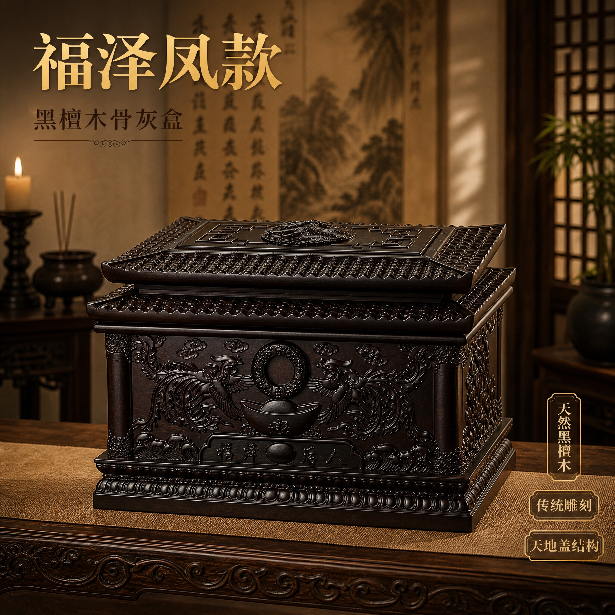 [凤款-方版1-首图] 福泽凤款黑檀木骨灰盒方版首图，800×… - 图片创意预览