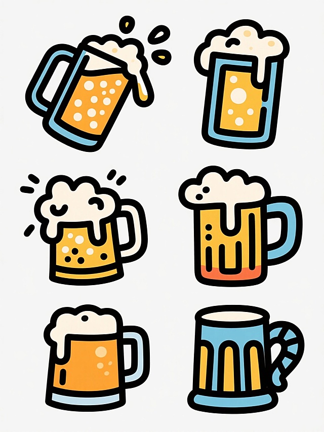 一组6个完全不同造型的啤酒杯系列插画，保持手绘卡通风格，以黑色轮廓线勾勒，内部填充明亮色彩，每个啤酒杯都有独特的姿态和泡沫飞溅效果，有的倾斜倒酒，有的杯中啤酒冒着密集气泡，有的杯口泡沫溢出形成不同形状，有的带有个性杯柄设计，有的搭配简约装饰元素，所有啤酒杯元素规整排布在纯色背景上，整体色彩变换为多种明快色调，每个啤酒杯造型独立且富有动感，画面充满欢乐饮酒氛围。