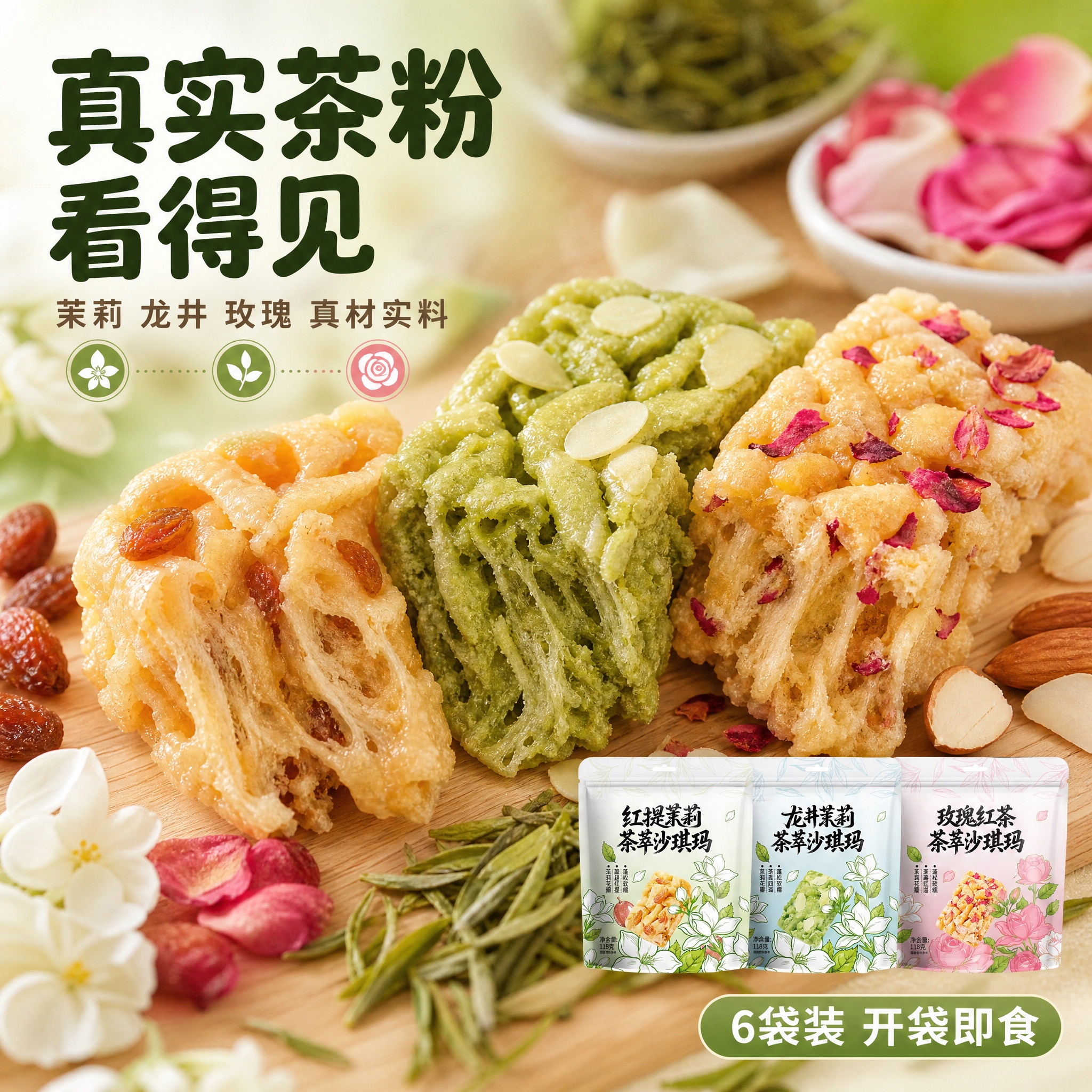 [主图-3] 成分与质地微距：真实茶粉入料，三种风味原料与蓬松… - 图片创意预览