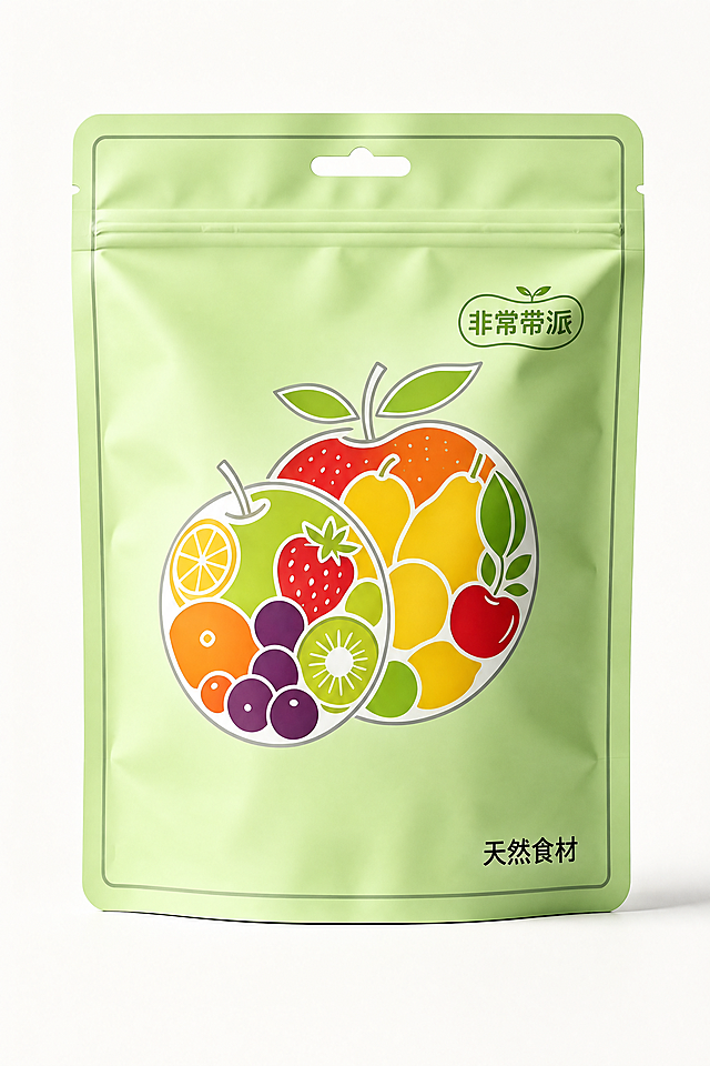 在包装袋的右上角拉链下方添加一个包含‘非常带派’四个字的logo，保持包装袋原有风格不变