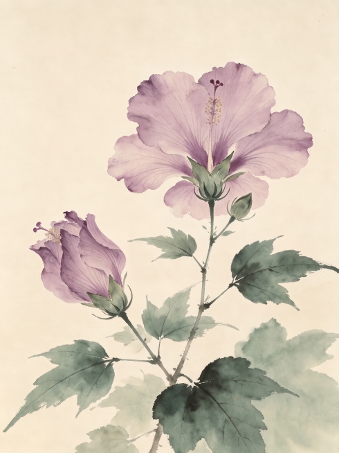 重新生成这幅木槿花水彩画，保留画面构图和紫粉色花朵、绿色枝叶的内容，去除所有文字，保持水彩国画风格预览效果