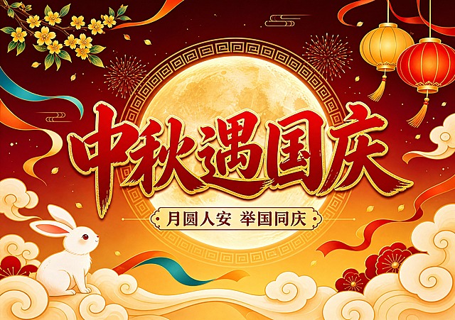 将这张中秋遇国庆海报调整为宽100cm高70cm的横版比例（10:7），保持原图的红金国潮风格、「中秋遇国庆」主标题、「月圆人安 举国同庆」副标题、玉兔、月亮、灯笼、祥云、烟花、桂花枝等所有元素和整体氛围，重新构图适配10:7横版比例，画面元素布局协调，主标题居中突出，版式精美。