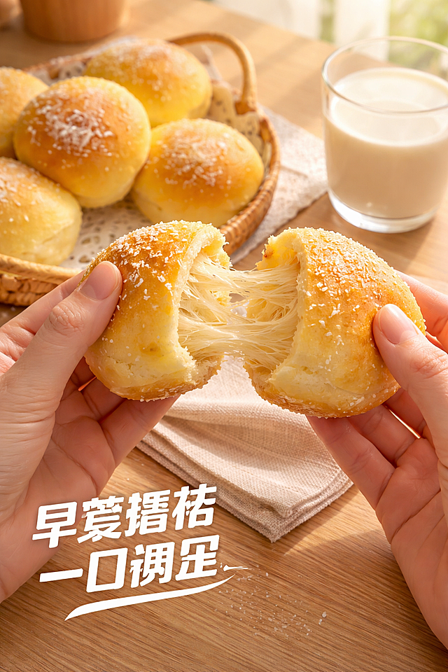 [主图-4] 椰蓉餐包食用场景体验展示。
[氛围风格] 生活氛围感，真实食用场景，增强代入感；
[画质] 商业摄影质感、光线柔和通透、产品清晰真实、画面干净高级。
[元素] 一只手拿着掰开的椰蓉餐包，展示出拉丝的松软内部，主体面包保持原图的椰蓉外观和金黄色泽，颜色结构和原图完全一致，杜绝任何变形色差，精细化处理。背景是浅木色餐桌，搭配一杯热牛奶，营造早餐场景。商品主体占比约70%，满屏无边框。
[光影] 自然光斜射，突出拉丝效果，暖调氛围，食欲感满满。
[配色] 暖黄主色调，搭配浅木色和奶白色，温馨干净。
[视角构图] 第一人称抓拍视角，主体突出，场景自然。
[文字版式] 左下角放置主文案“早餐搭档 一口满足”，白色暖边粗体，文字清晰不遮挡掰开的主体部分。
[比例分辨率] 9:16 比例，2k 分辨率，文字清晰锐利，画面超高清。
[负向提示词] 变形，水印，文字错乱，产品图模糊，背景杂乱，拉丝不自然
