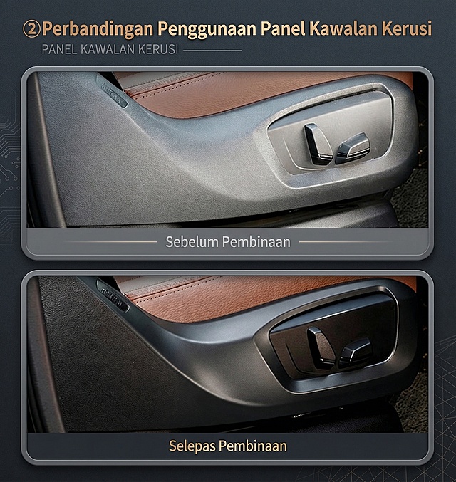 「图片1」「图片1」「图片1」「图片1」「图片1」「图片1」「图片1」「图片1」「图片1」「图片1」产品是一款汽车翻新剂，帮我重新生成一套与原图视觉效果不同的（更换排版，色系）整体调性：极简干净、高级质感、低饱和、无杂乱元素，大标题亮色加粗突出卖点，视觉：质感产品图 + 精致对比 + 轻科技感，核心卖点：一擦翻新老化、发白、龟裂、哑光暗沉瞬间焕新长效防护防老化、防晒、防污、抗紫外线，持久提亮温和不伤件不腐蚀塑料 / 橡胶 / 皮革，不发白不粘灰提亮不油腻哑光 / 自然亮，不沾手、不反光、不油腻适用广泛保险杠、内饰、门板、胶条、皮革、轮毂边通用便捷高效涂抹即亮，免抛光、免水洗，懒人养护。（10张）风格是黑色高级汽车风。详情页文案参考（主图 10张结构（直接照做）首图：产品 + 大字卖点，标题文字字体统一，风格定位：马来简约高级汽车风格/ 干净高级深色配色，干净高级构图。视觉：图标 + 短句，文字语言为马来语言，详情页比例为原图片比例，不要产品白底图