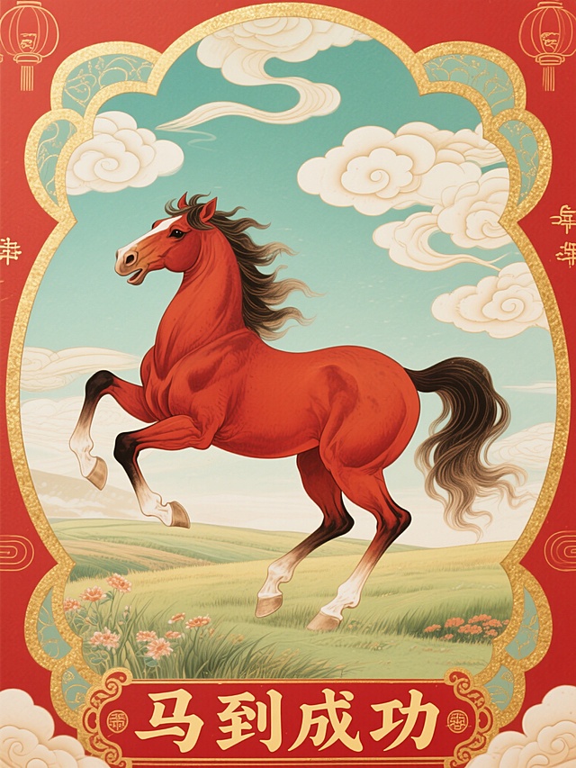 国潮插画风，红色骏马奔腾，寓意马到成功，喜庆中式设计，大字突出祝福。