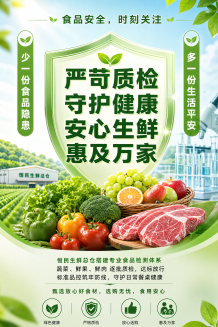 重新设计食品安全宣传海报，要求高端大气，画面干净不乱，颜色鲜艳明亮，文字排版简约大气，保留所有文案：顶部标题"食品安全，时刻关注"，两侧"少一份食品隐患""多一份生活平安"，中间大字"严苛质检 守护健预览效果