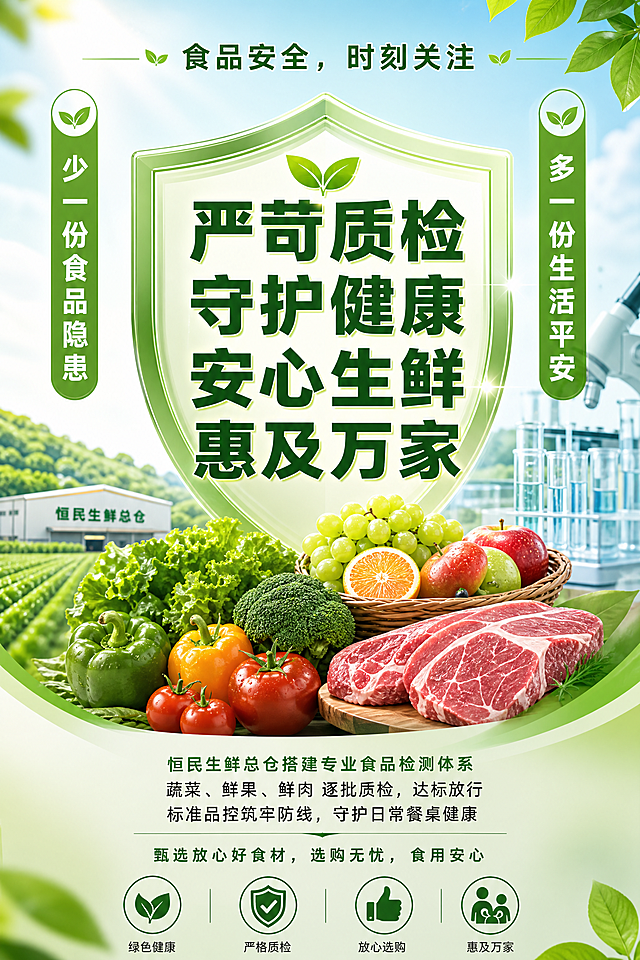 重新设计食品安全宣传海报，要求高端大气，画面干净不乱，颜色鲜艳明亮，文字排版简约大气，保留所有文案：顶部标题"食品安全，时刻关注"，两侧"少一份食品隐患""多一份生活平安"，中间大字"严苛质检 守护健康 安心生鲜 惠及万家"，下方介绍文字：恒民生鲜总仓搭建专业食品检测体系 蔬菜、鲜果、鲜肉 逐批质检，达标放行 标准品控筑牢防线，守护日常餐桌健康 甄选放心好食材，选购无忧，食用安心，绿色健康主题，尺寸60cmx90cm