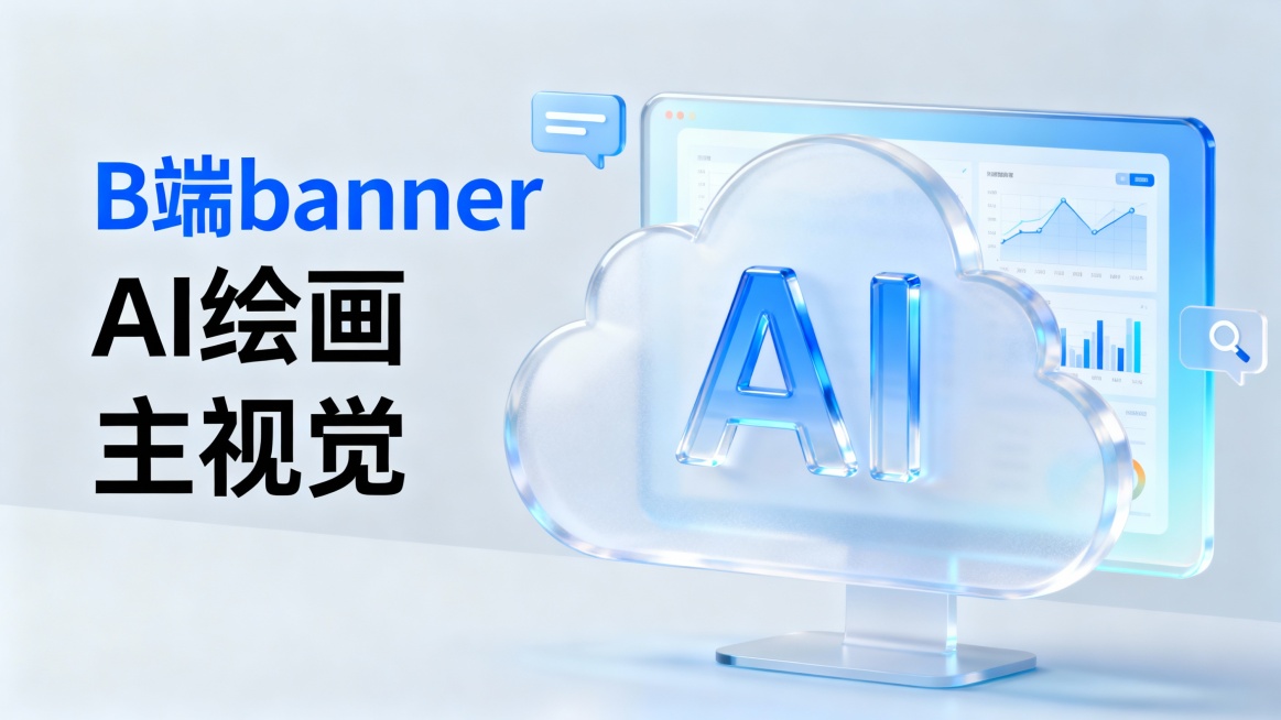 B端轻量毛玻璃风格banner，画面左侧为蓝色文字“B端banner”和黑色文字“AI绘画主视觉”，画面右侧主体正中间有半透明磨砂质感的云，云上居中位置有清透蓝色AI字体，后边围绕半透明屏幕，浅蓝色渐预览效果
