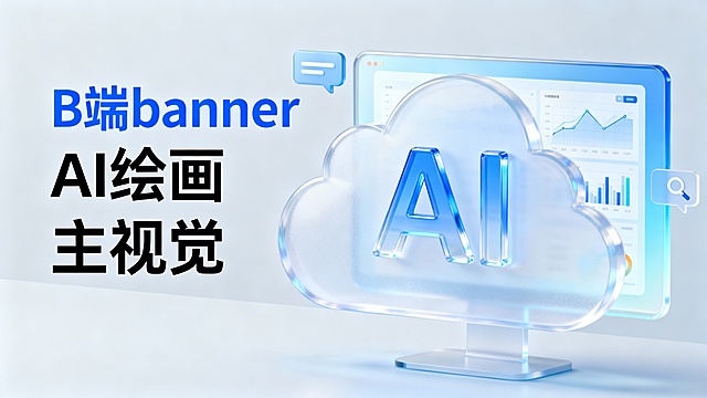 未来感科技风banner，立体图，玻璃质感云朵悬浮于透明屏前，AI字样透亮立体，3D轻拟物设计融合极简主义，展现B端AI绘画的清透与智能。