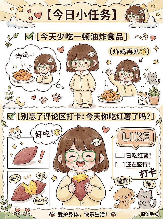 参考图片1的人物手绘形象和图片2的漫画排版和风格，帮我设计一张独特的分格漫画海报，主题是今日小任务 内容是："今天少吃一顿油炸食品（炸鸡再见👋） 别忘了评论区打卡：今天你吃红薯了吗？"注意保持人物形象不变！特别是棕色短发、小羊发饰和绿色眼镜、手绘风格不变！给我一张3:4的图，参考图片2 的排版和风格，要用文字+画图的形式出现，温馨治愈的色彩搭配，页面中可穿插可爱卡通素材、装饰性线条，、并且要让用户一看就想要收藏！风格是：手绘插画手帐3:4的图，排版方面，你可以优化