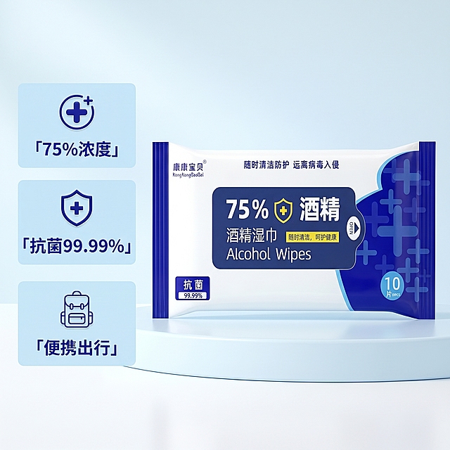 [主图 2] 75%酒精湿巾核心卖点展示图。[氛围风格] 干净专业医疗风，突出抑菌效果。[画质] 商业摄影质感、光线柔和通透、产品清晰真实、画面干净高级。[元素] 康康宝贝酒精湿巾产品居中，左侧垂直排列三个核心卖点，每个卖点配精致微立体小图标，保持产品外观与输入产品图绝对一致，杜绝任何变形和色差，精细化处理。商品主体占比约60%，画面满屏无边框。[光影] 均匀明亮柔光，主光正面打亮产品，辅光弱化阴影，整体干净透亮，无杂乱光影。[配色] 主色白+浅蓝，图标用深蓝和黄色点缀，配色干净清爽，符合清洁产品定位。[视角构图] 正面平视，左侧文字右侧产品均衡构图，景深适中。[文字版式] 左侧三个卖点垂直排列：1. 「75%浓度」配十字防护图标；2.「抗菌99.99%」配盾牌图标；3.「便携出行」配旅行背包图标，每个卖点深色文字配浅色底框，对比强烈清晰易读，右侧产品完整展示不遮挡文字。[比例分辨率] 1:1 比例，2k 分辨率；文字清晰锐利，画面超高清。[负向提示词] 变形，水印，文字错乱，产品图模糊，背景杂乱，大面积深冷色调。
