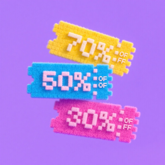 蓝、黄、粉色彩的三张优惠券，优惠券上分别标注有“70%OFF”““50%OFF”““30%OFF”，紫色背景预览效果