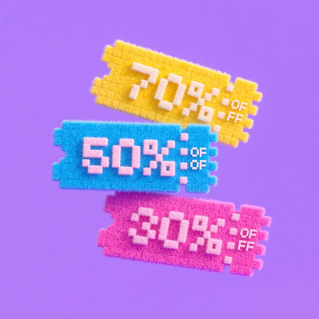 蓝、黄、粉色彩的三张优惠券，优惠券上分别标注有“70%OFF”““50%OFF”““30%OFF”，紫色背景