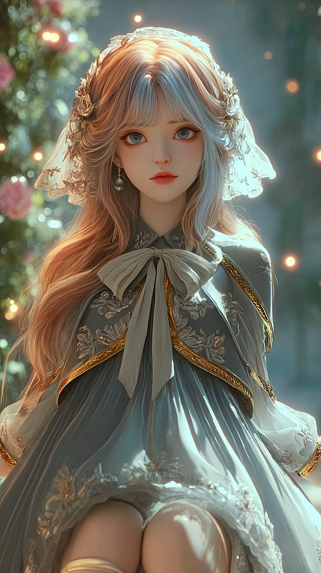 masterpiece, best quality, 8k, ultra-detailed, CG anime girl, full body shot, slender figure, gray tulle long dress with floral embroidery, waist ribbon bow, golden brown wavy hair with tulle headscarf, outdoor natural light, warm bright tone, soft tulle luster, clear embroidery, white strappy soft-soled flat shoes, garden background, detailed face (refer to face reference), gentle temperament, sun-kissed skin