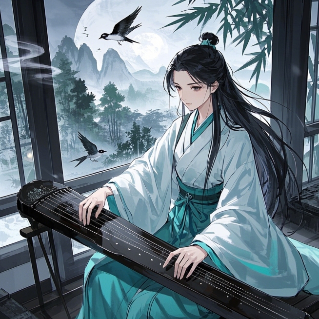 中景展现，清冷修行少女，白玉发簪，抚古琴，白衣飘飘，眉宇间透着英气，画面色调淡雅，笔触细腻预览效果
