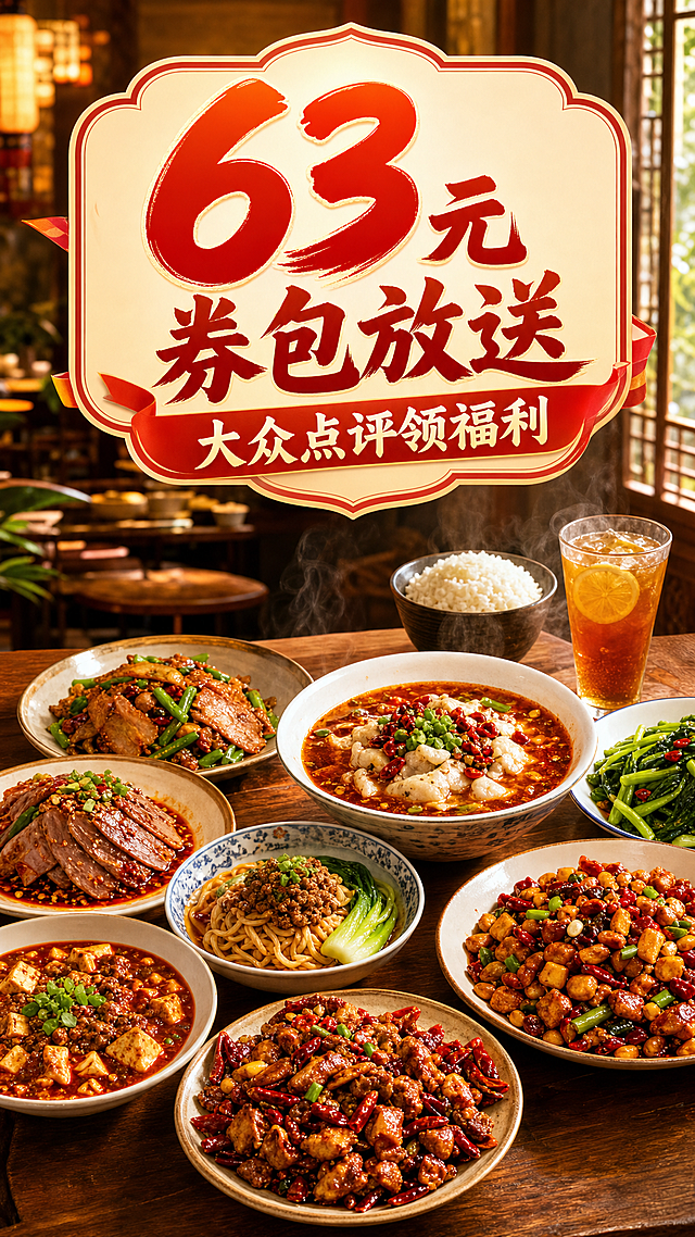 川菜餐厅到店场景，明亮有食欲的美食宣传图，不要火锅，不出现大片生肉，画面正上方预留文案位置，文案位置不饱满，正上方大标题标签为"63元券包放送  大众点评领福利"，63元为最大字号，整个标签为文案背景，字体是粗体有设计，排版错落有致，突出数字63元利益点，不添加其他无关文字