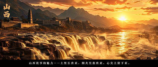 山西主题海报设计，2.35:1超宽屏比例。画面展现山西壮美风光：远处是太行山层峦叠嶂，山间有古老的城墙和古塔，近处是黄河壶口瀑布奔腾而下，金色的阳光洒在水面上波光粼粼，天空有绚丽的晚霞。画面整体暖金色调，大气磅礴，充满历史厚重感。底部黑色窄边内有白色宋体字幕，文字内容为："山西故事的魅力——土里长出来，烟火里熬出来，心尖上留下来。"，文字居中排列，字号适中清晰。左上角有"山西"两个小字。整体风格电影质感，高端大气。