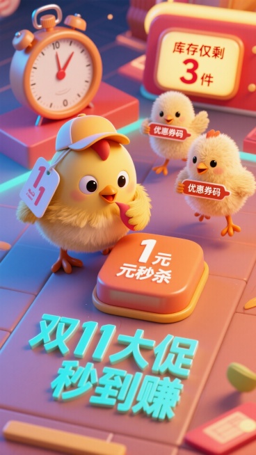 主视觉为戴价格标签帽子的小鸡，啄着 “1 元秒杀” 按钮，旁边跟着 2 只叼 “优惠券码” 的小鸡，俯视视角，背景有倒计时秒表、“库存仅剩 3 件” 提示和闪烁的按钮，画面下方是 3D 荧光文字 “双预览效果