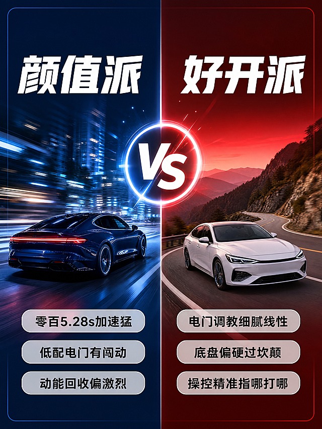 小红书汽车驾驶感受对比图，3:4竖版，左右分栏设计，现代无衬线字体，字体风格与系列统一。左侧蓝色调区域，背景为深蓝色渐变，配一张深蓝色轿跑在城市道路加速的动态模糊图片（流线型轿跑造型，无具体品牌标识），上方白色粗体大字「颜值派」，下方三个圆角标签气泡：「零百5.28s加速猛」、「低配电门有闯动」、「动能回收偏激烈」，标签为半透明白底黑字。右侧红色调区域，背景为深红色渐变，配一张白色轿车在山路弯道行驶的图片（简洁轿车造型，无具体品牌标识），上方白色粗体大字「好开派」，下方三个圆角标签气泡：「电门调教细腻线性」、「底盘偏硬过坎颠」、「操控精准指哪打哪」。中间有白色VS标识分隔，VS外有发光圆环。整体风格年轻有活力，文字清晰锐利。四周留安全边距，版式精美，小红书笔记封面质感。画面比例3:4，4K。