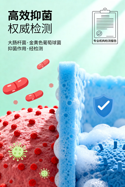 杂志风高级商业大片，画面采用左右分割构图，左侧为大肠杆菌和金黄色葡萄球菌的简化图形，呈红色散布状，右侧为抑菌后的图形，呈蓝色淡化并带有“✓”标识，中间有蓝色慕斯泡沫屏障分隔。画面右上角放置报告单样式的预览效果